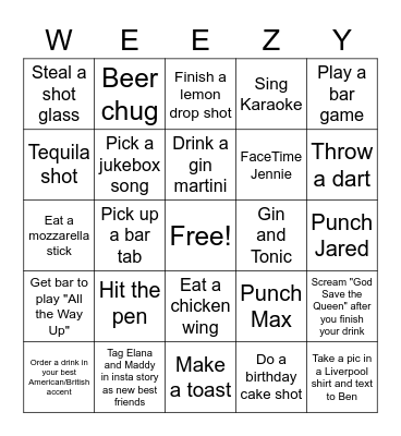 Eloise Welcome to US UES Crawl Bingo Card