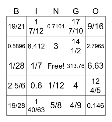 Fraction and Decimal Review Bingo Card