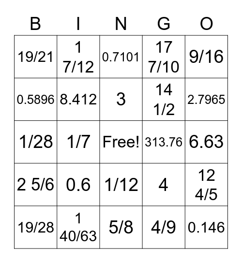 Fraction and Decimal Review Bingo Card