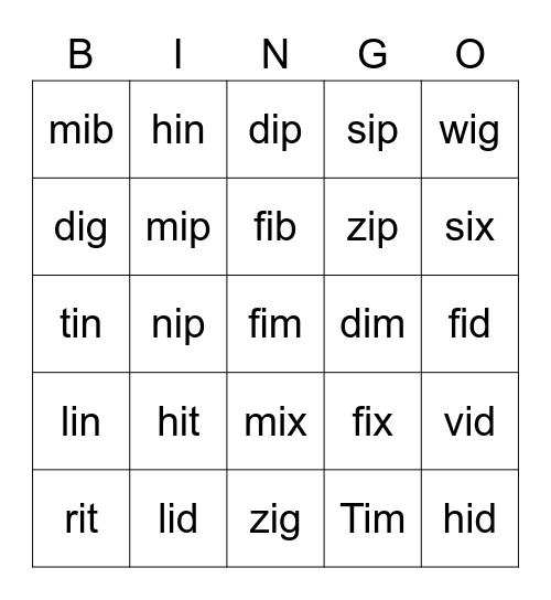 Short I Bingo Card
