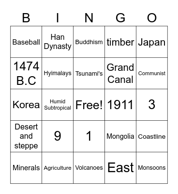 East Asia Bingo Card
