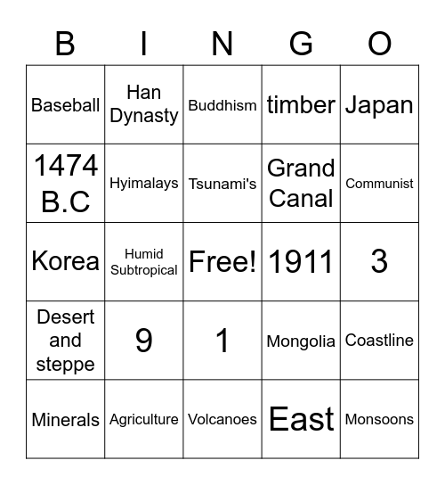 East Asia Bingo Card