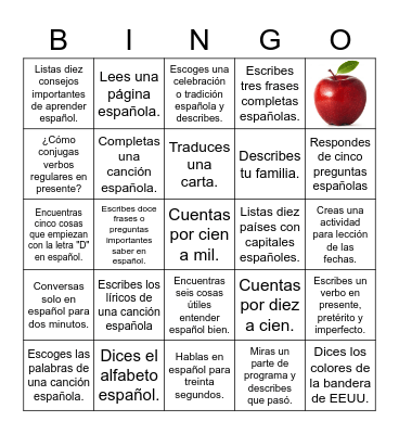 español Bingo Card