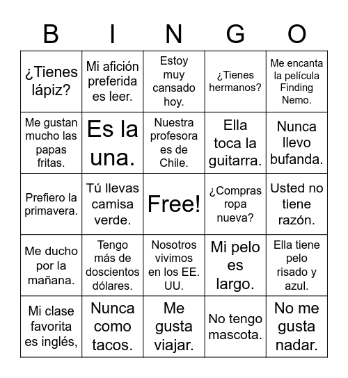 Spanish II April 14 Bingo Card