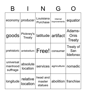 Social Studies Bingo Card