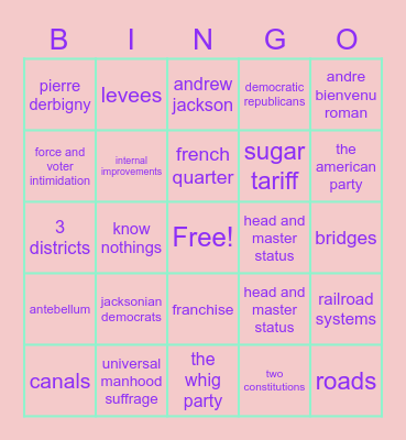 Antebellum Politics Bingo Card