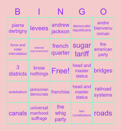 Antebellum Politics Bingo Card