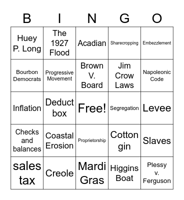 Louisiana Social Studies Bingo Card