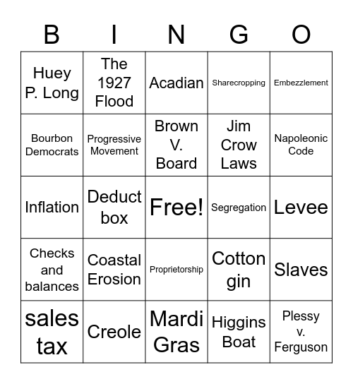 Louisiana Social Studies Bingo Card