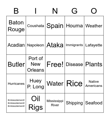 Louisiana History Bingo Card