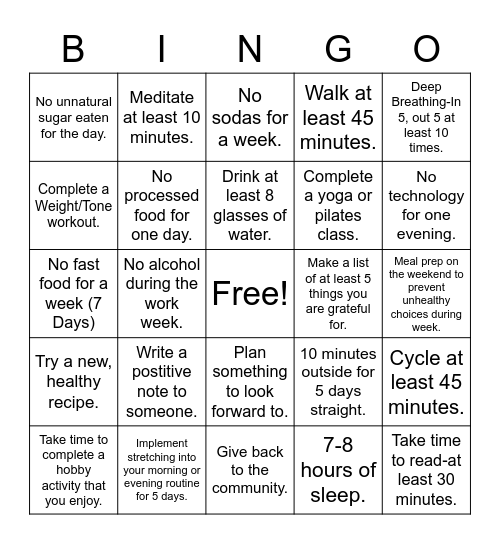 Wellness Challenge Bingo Card