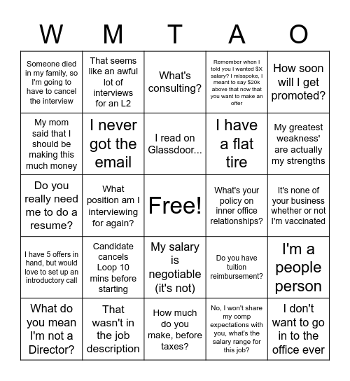 Crazy Candidate Comments Bingo Card