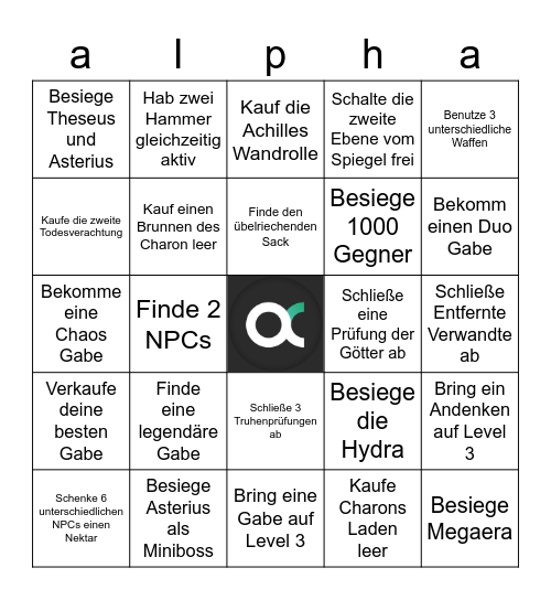 alpha Hades Speedrun Bingo Card