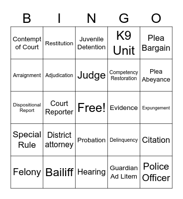 Juvenile Bingo Card