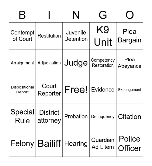 Juvenile Bingo Card