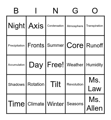 Earth and Space BINGO Card