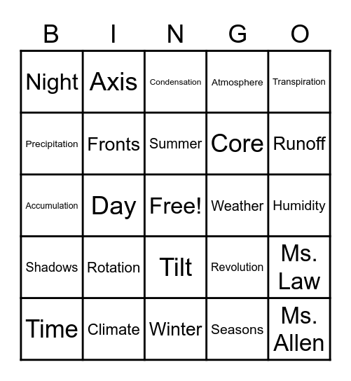 Earth and Space BINGO Card