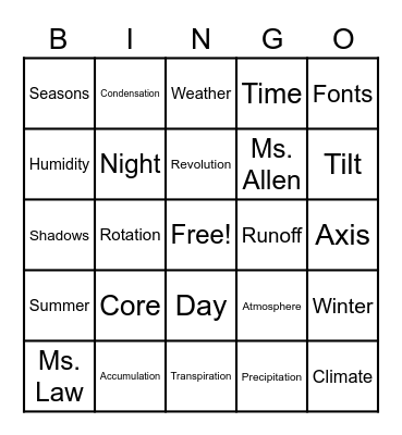 Earth and Space BINGO Card