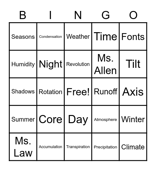 Earth and Space BINGO Card