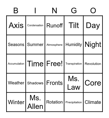 Earth and Space BINGO Card