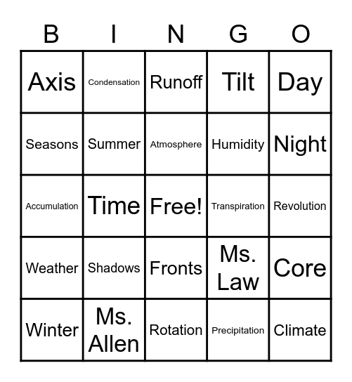 Earth and Space BINGO Card