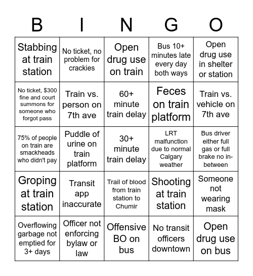 Calgary Transit BINGO Card