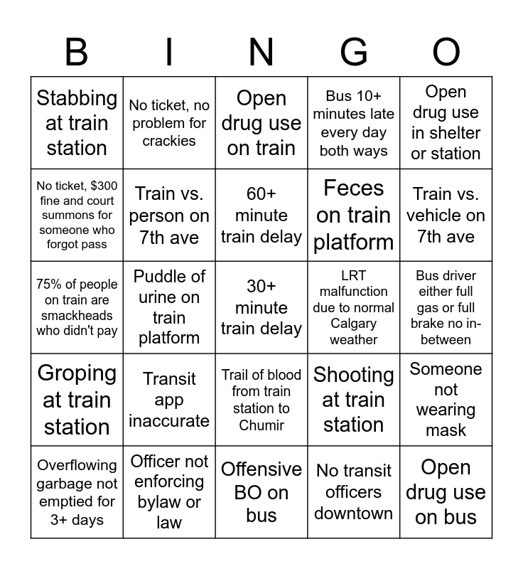 Calgary Transit BINGO Card