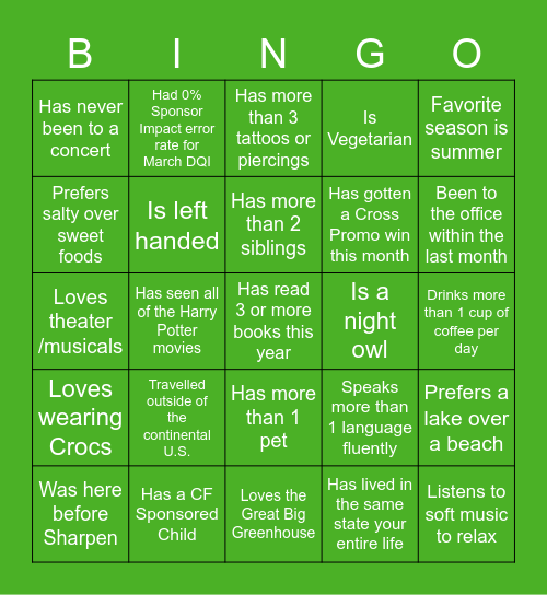 Supporter Care Friday Bingo Card