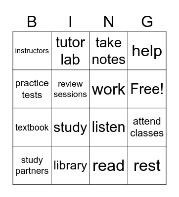 Study Skills Bingo Card