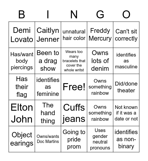 Gay Bingo Card