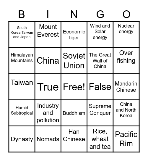 East Asia Bingo Card