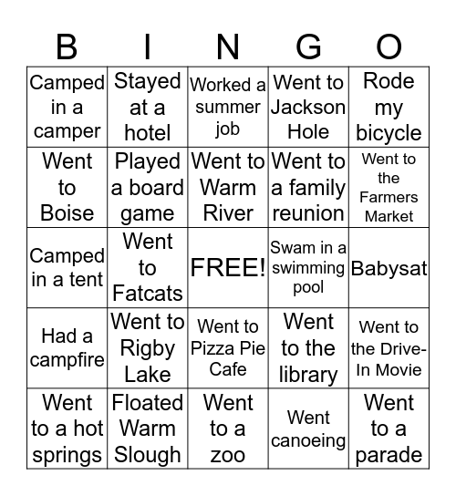 Summer Bingo! Bingo Card