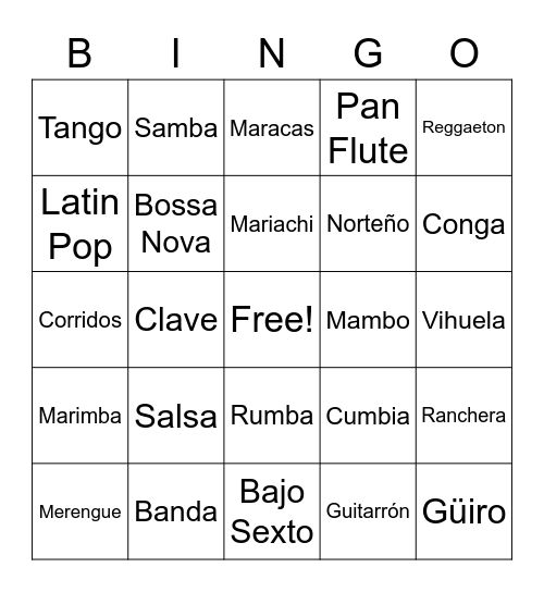 Latin Music Bingo Card
