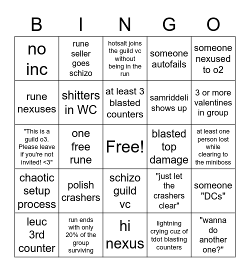 guild o3s Bingo Card