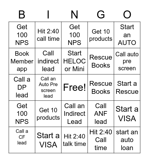 Outbound Bingo Card