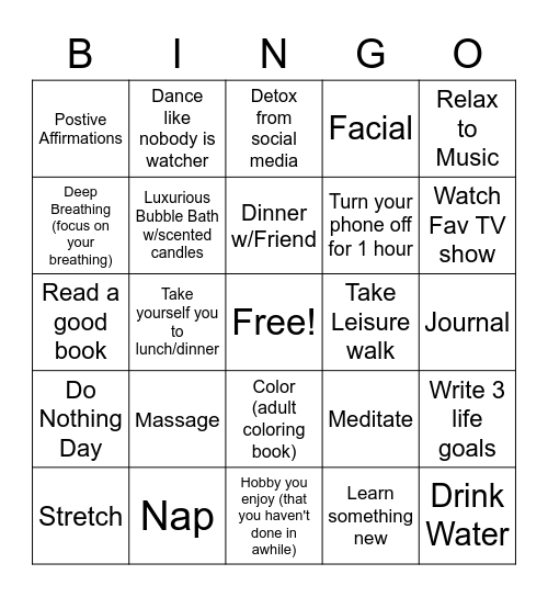 Self-Care Bingo Card