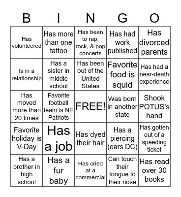Mrs. C-B's Get to Know You Bingo! Bingo Card