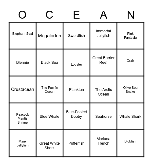 An Ocean of Wonders Bingo Card