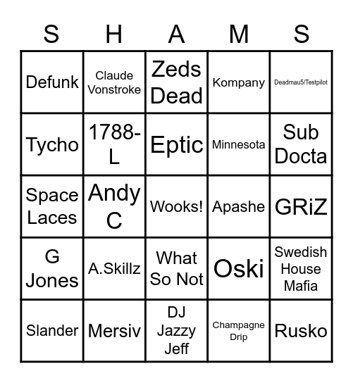 Shambhala Artist bingo Card