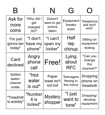 Planet Fitness Bingo Card