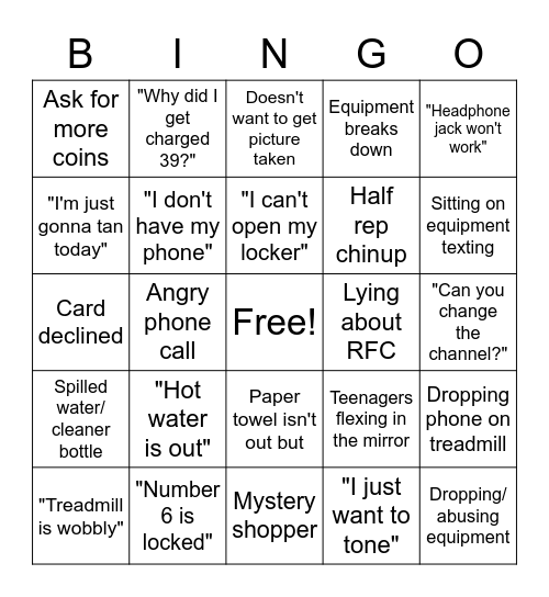 Planet Fitness Bingo Card