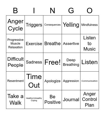 Anger Management Bingo Card