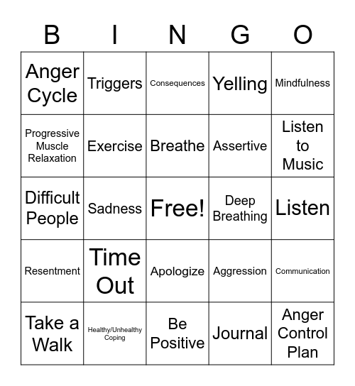 Anger Management Bingo Card