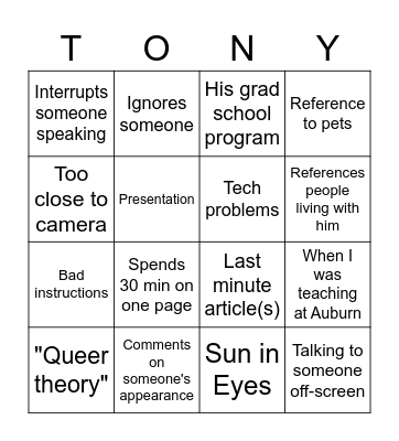 Tony Carey Bingo Card