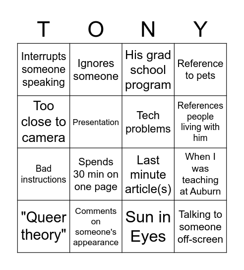 Tony Carey Bingo Card