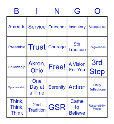 Sobriety Bingo Card