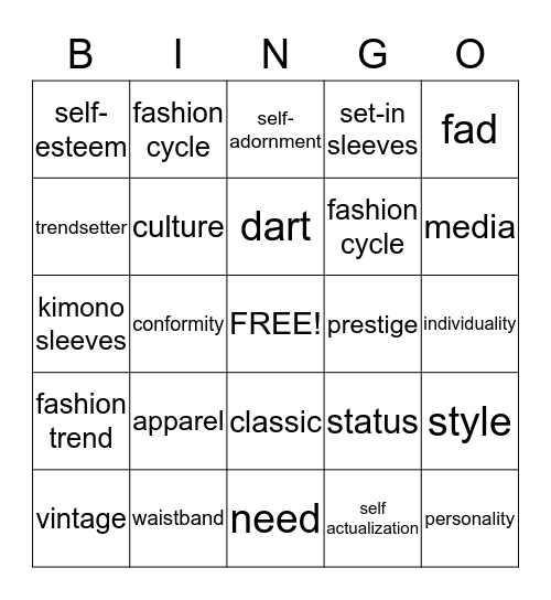 Fashion Design Bingo Card