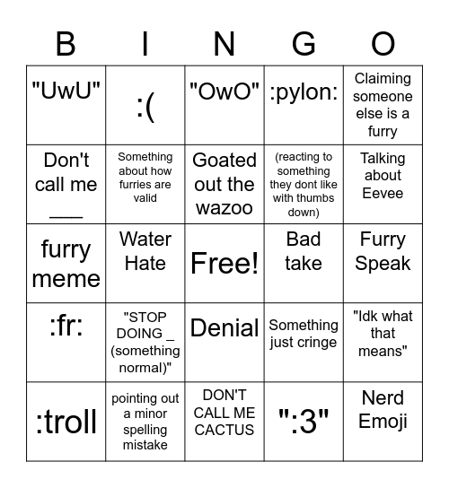 things *cactus* is likely to say Bingo Card