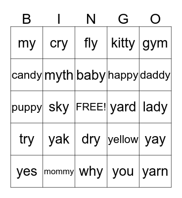 Letter "Y" Bingo Card