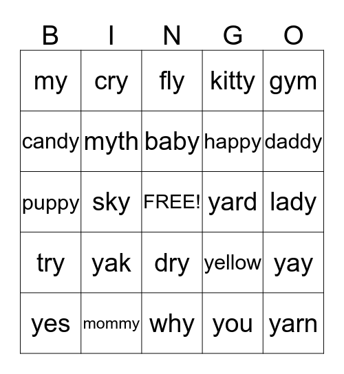 Letter "Y" Bingo Card